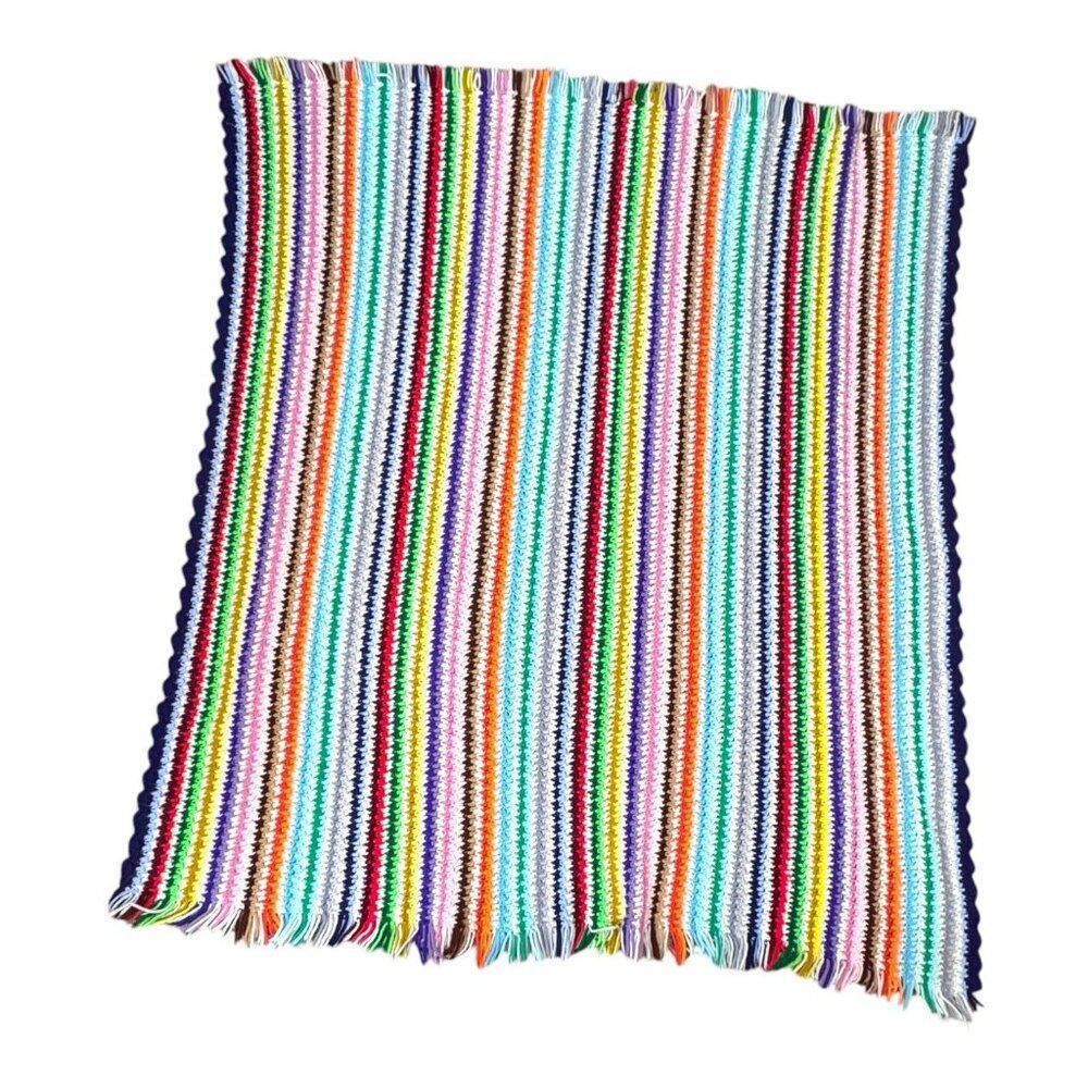 Handmade Crochet Blanket 47x55.5 Rainbow Vibrant Striped Design Soft Cozy Throw